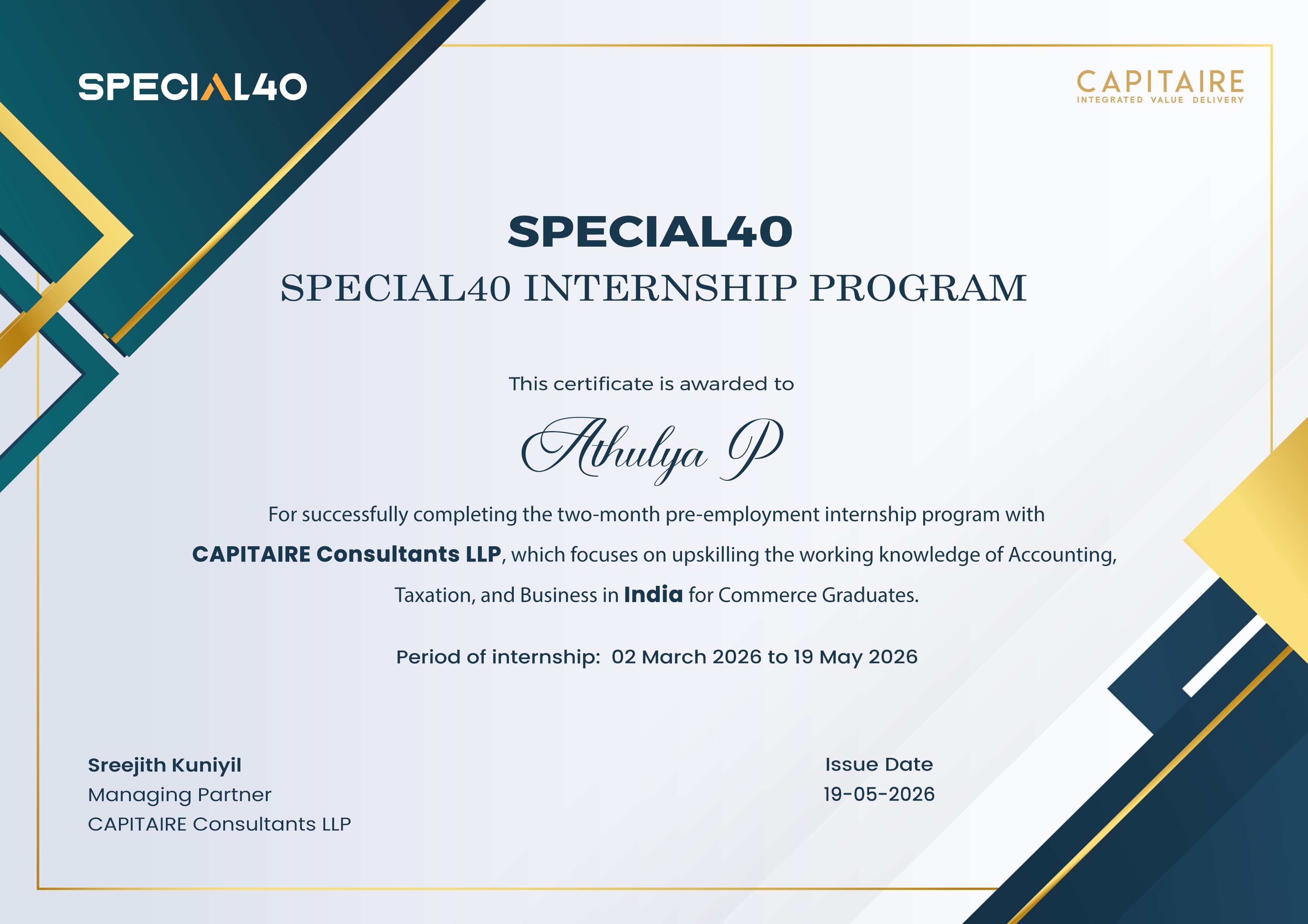 SPECIAL40 Internship Program Certificate issued by Capitaire Consultants LLP